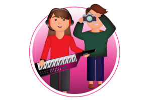 illustration - woman smiling and playing a keytar and a man smiling holding up a camera
